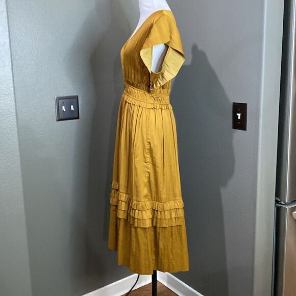 Roan + Ryan Talulah Dress beautiful gold color fabric flattering ruffles - Picture 11 of 14